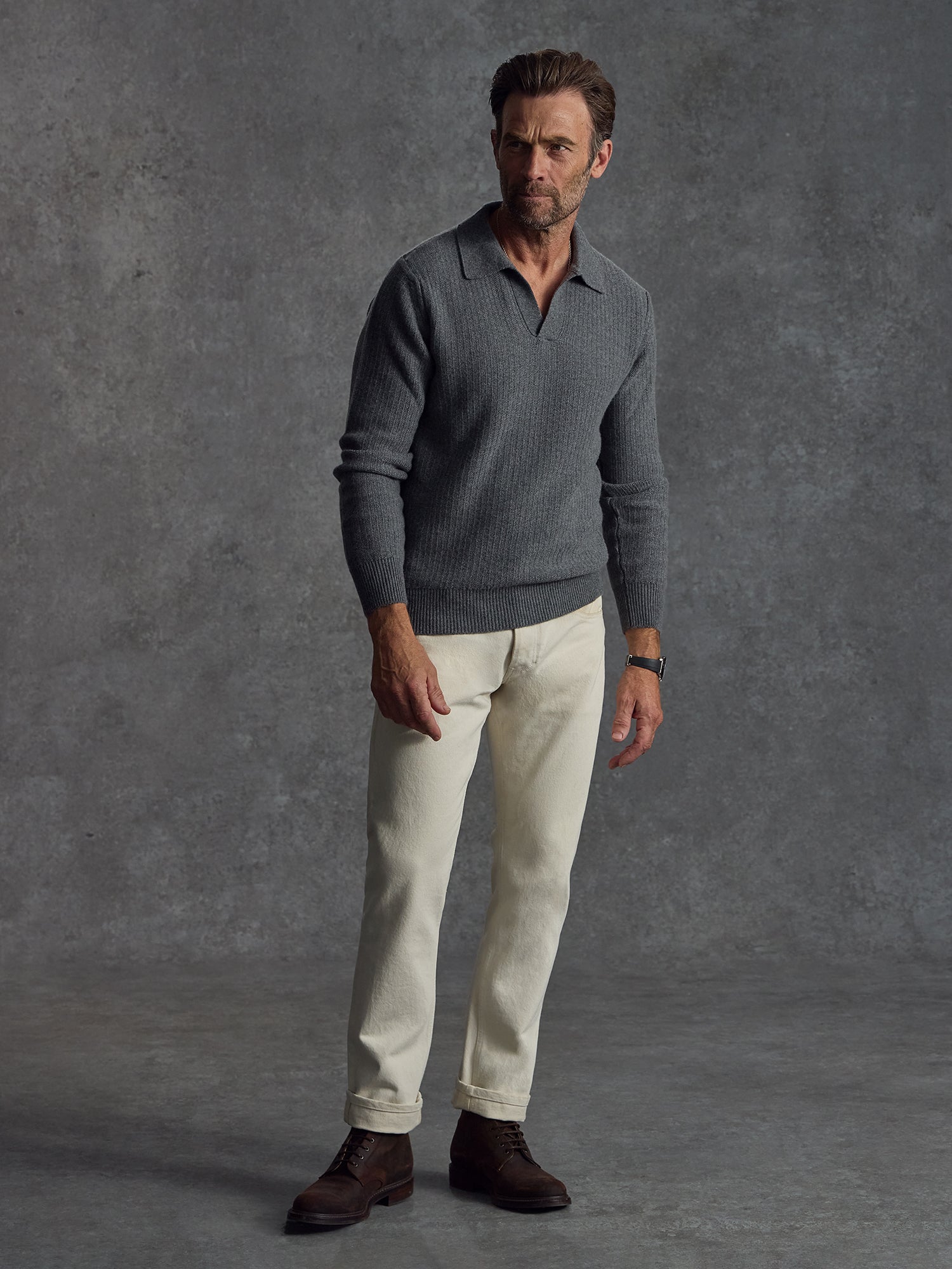 The Open Collar Cashmere Jumper - Cobble Grey