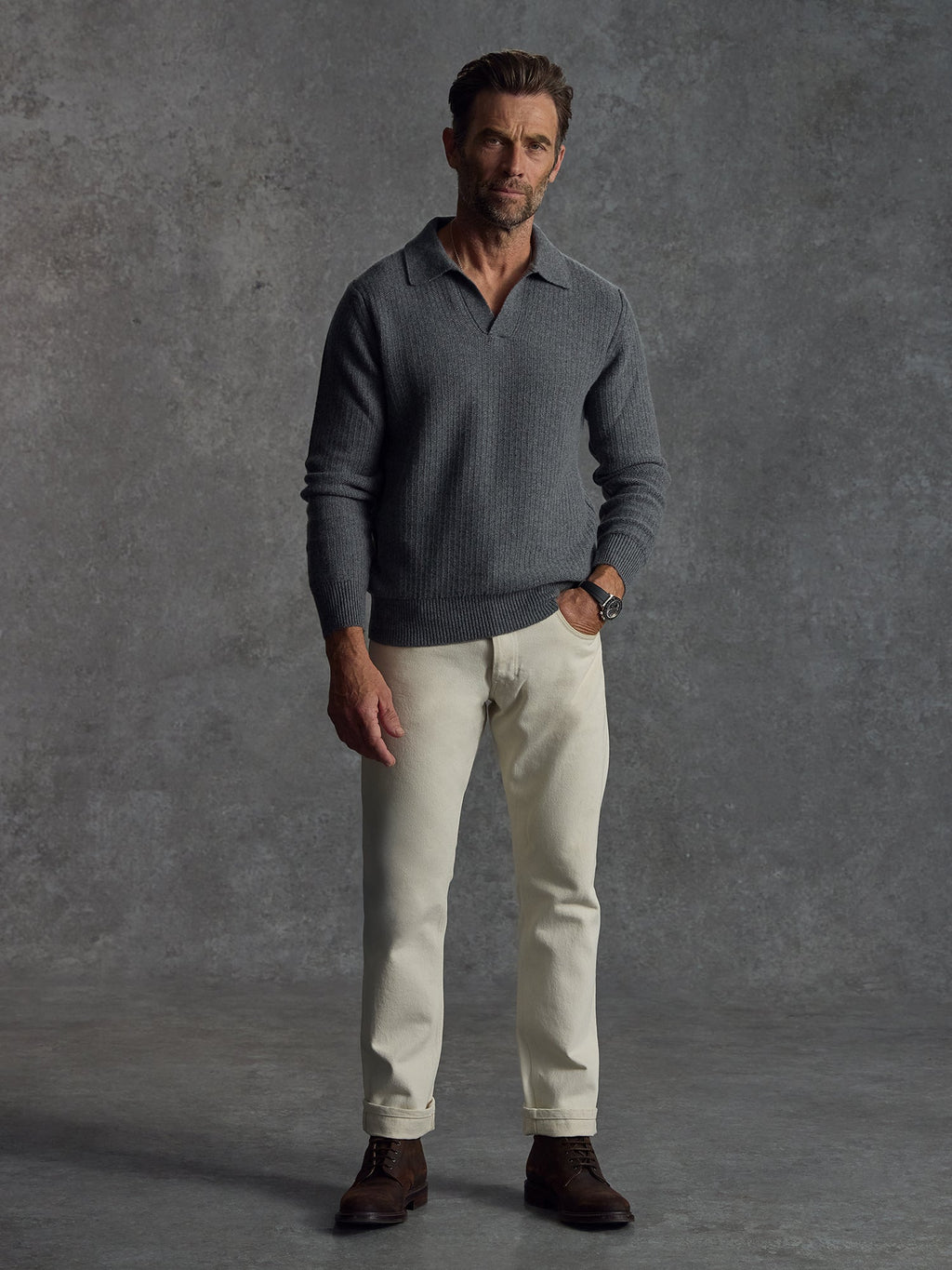 The Open Collar Cashmere Jumper - Cobble Grey