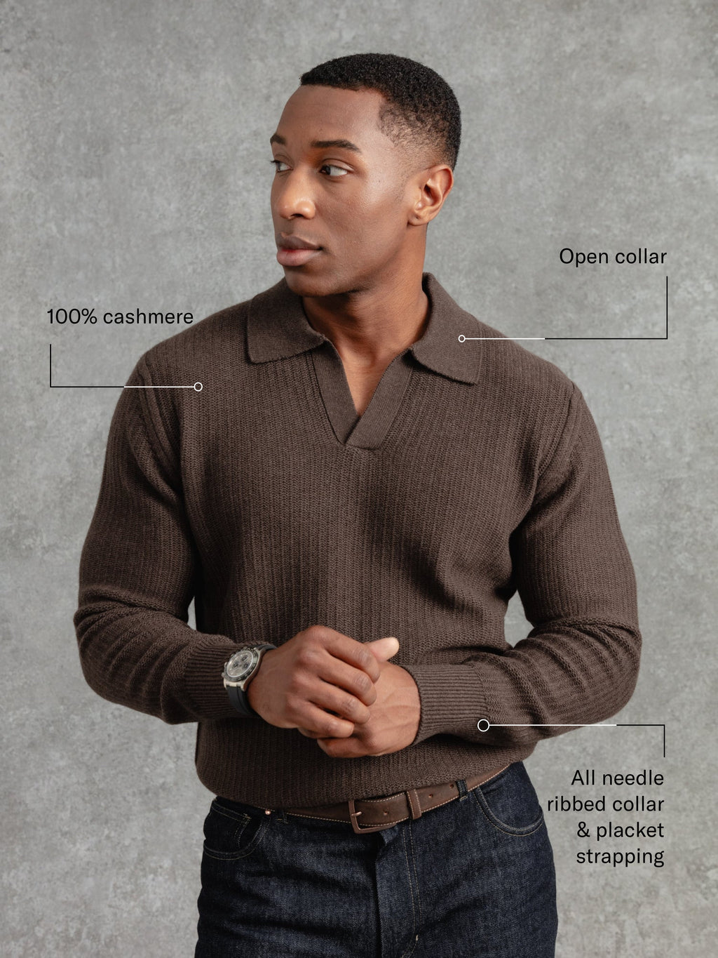 The Open Collar Cashmere Jumper - Bark